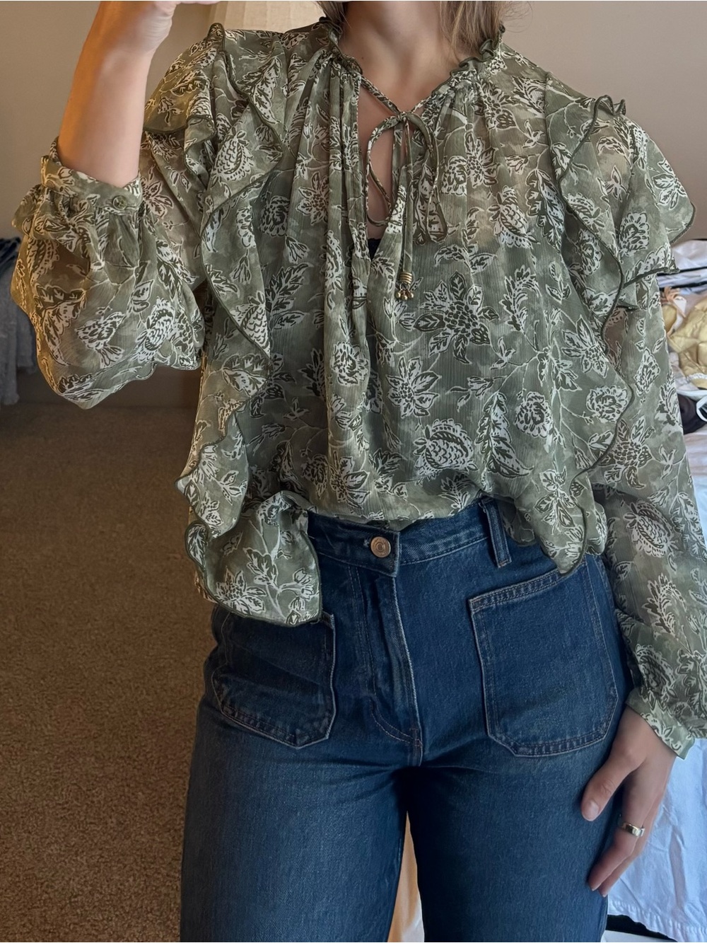 Zara Olive Floral Ruffle Tie-Neck Blouse